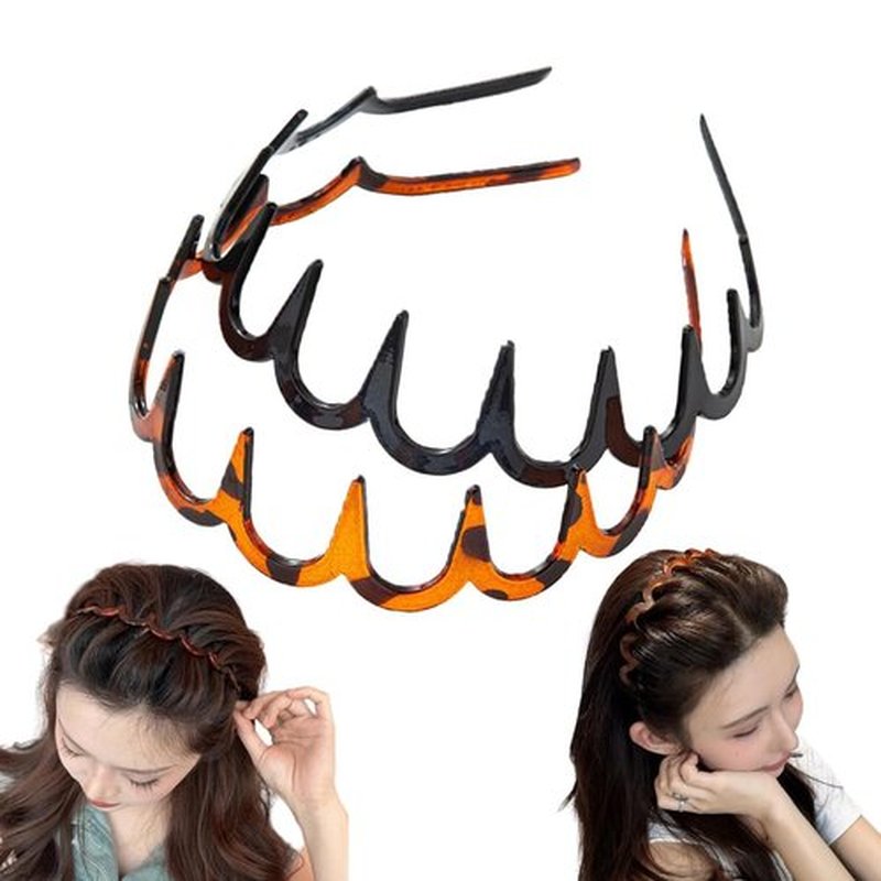 JEWKTTONS 2 PCS Zig Korean Headbands for Women and Men - Plastic Wavy Hair Band with Teeth Comb - Hair Accessories for Face Washing Skin Care Makeup Hair Holder Everyday Use Q/X (Black and Brown)