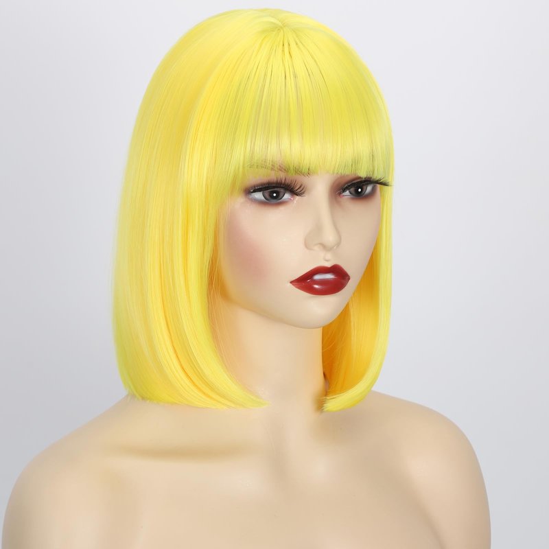 Yellow Short Bob Wig with Bangs, Synthetic Straight Hair Wigs for Women, 14 Inch Cosplay Costume Bob Wig (Yellow)
