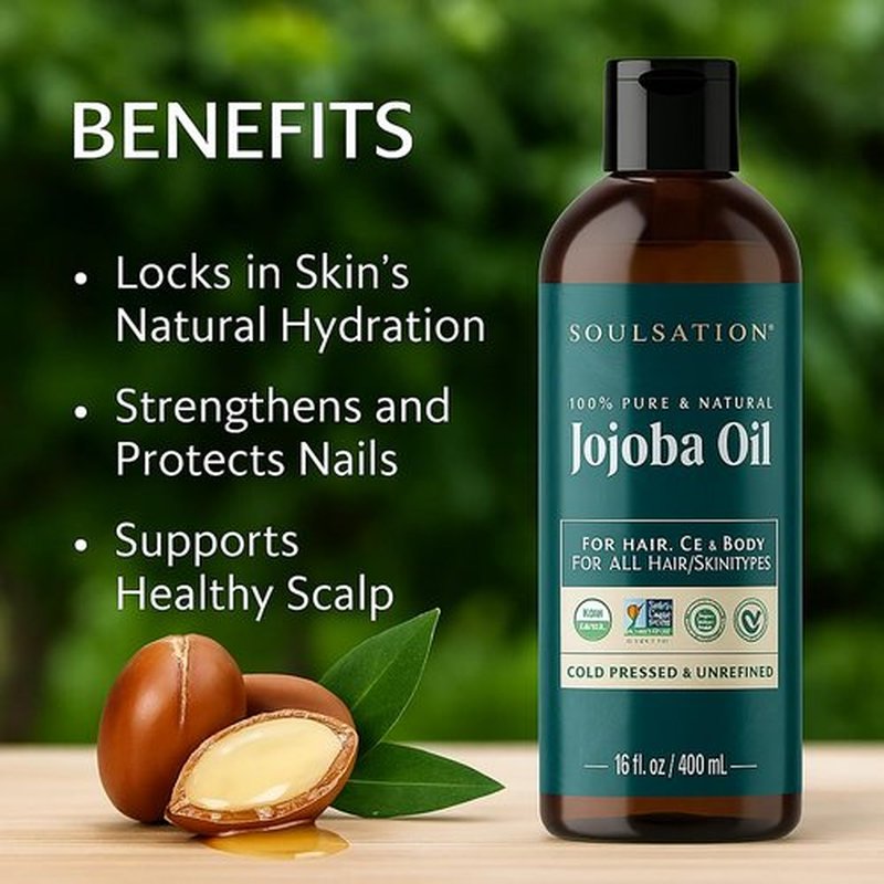 SOULSATION Organic Jojoba Oil for Skin, Hair & Face (8oz) | 100% Pure, Natural Cold Pressed - Hydrating Carrier Oil Hexane Free