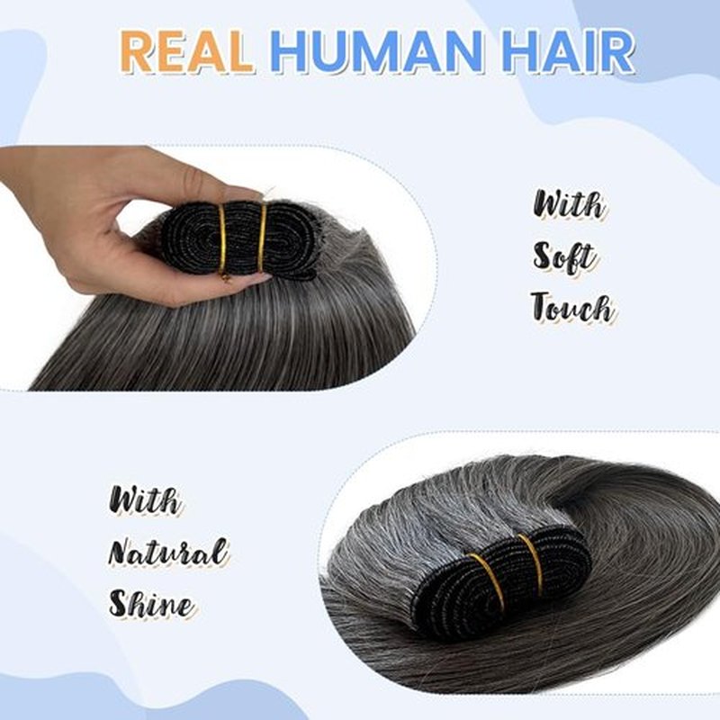 Real Human Hair Salt and Pepper Sew in Hair Extensions 14 Inch 100% Virgin Hair Bundles for Thinning Hair 80G Natural Grey White Hairpiece for Women Daily Hand Tied Double Weft Human Hairs Bundles