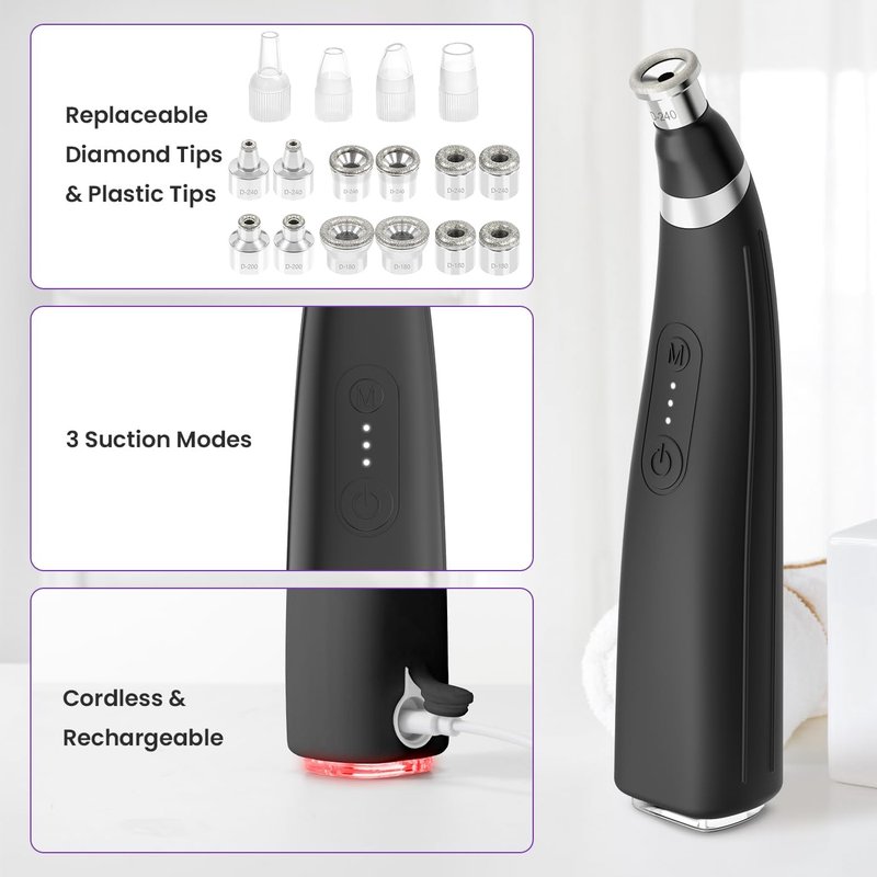 UNOISETION Diamond Microdermabrasion Machine - Rechargeable Facial Tool with 12 Tips | Blackhead Remover for Home & Travel