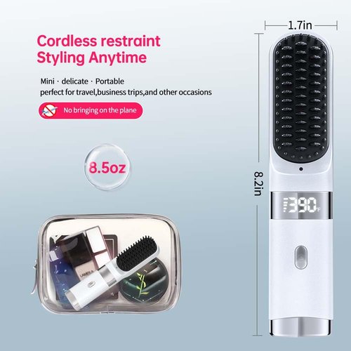 Cordless Hair Straightener Brush Portable on The go Comb for Travel USB chargingTwo Power sources30s Fast HeatingLCD Large Screen Display (White) 101010