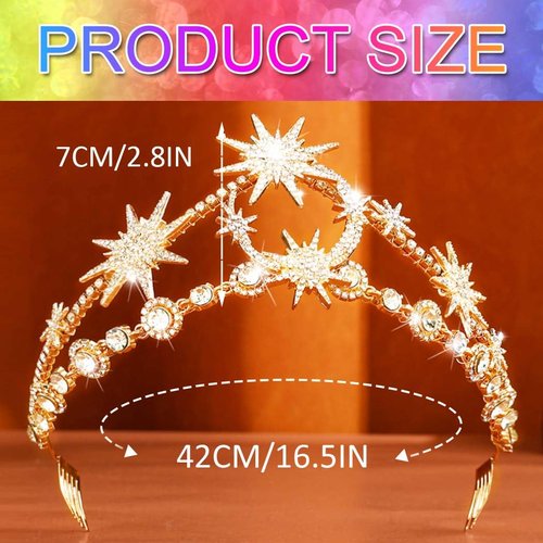 GORTIN Star Moon Crown Gold Goddess Headpiece Rhinestones Wedding Tiara Bridal Headband Hair Accessories for Women