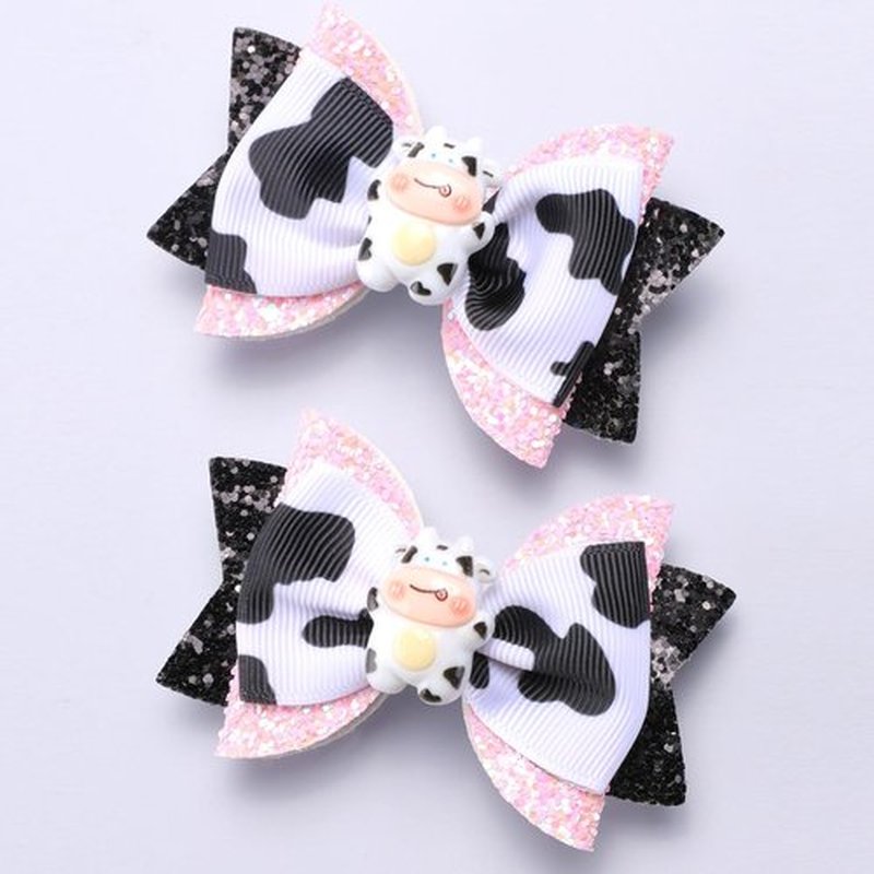 2pcs Glitter Pink Cow Print Hair Bow Clips for Toddler Teen Baby Girls Country Birthday Party Gift Cute Cow Ribbon Alligator Barrettes Outfit Dress Costume Decor Accessory 3 inch