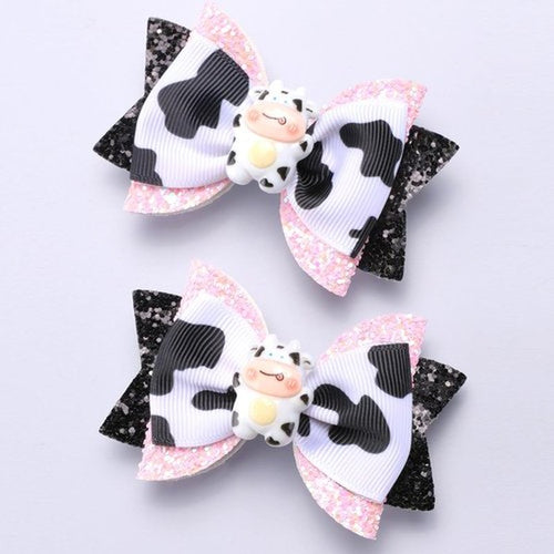 2pcs Glitter Pink Cow Print Hair Bow Clips for Toddler Teen Baby Girls Country Birthday Party Gift Cute Cow Ribbon Alligator Barrettes Outfit Dress Costume Decor Accessory 3 inch