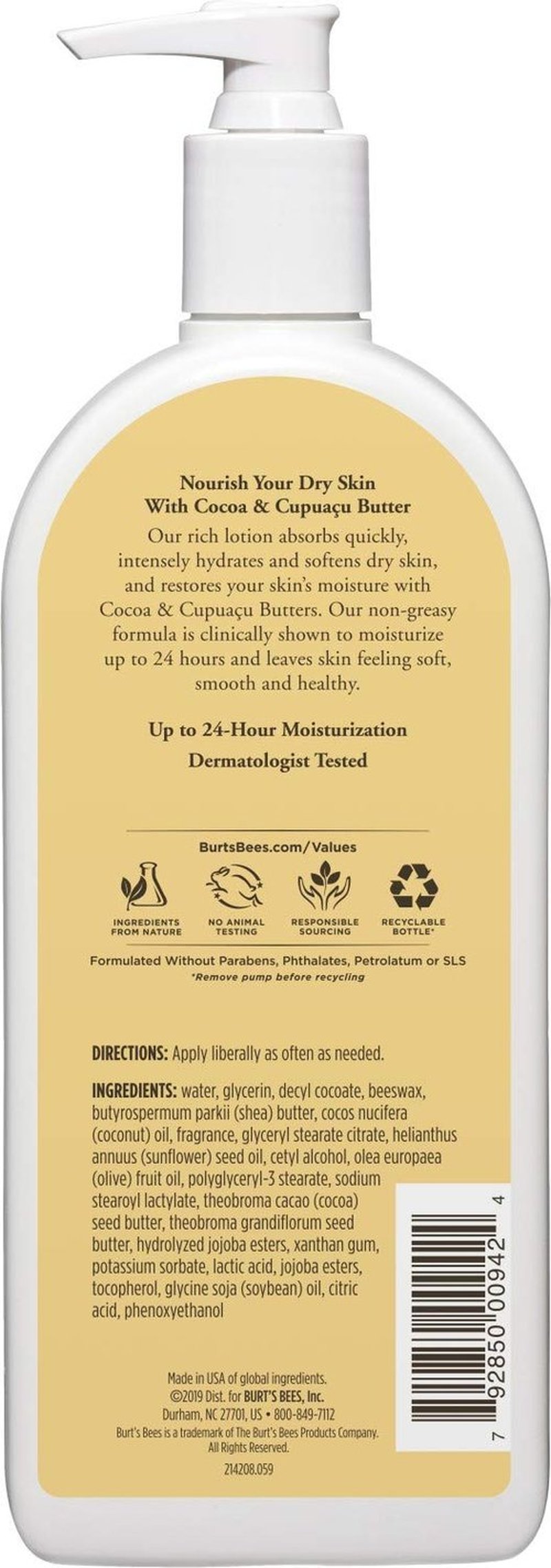 Burts Bees Body Lotion - Nourishing Butter Formula for Dry Skin with Cocoa & Cupuaçu, 12 Oz