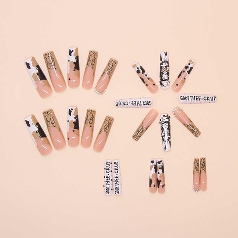 Rilafuvu XXL Press on Nails Extra Long Fake Nails Ombre Cow color Nails press ons Glue on Nail Acrylic Nail Glossy Coffin False Nails for Women 24Pcs (cowboy long square nails)