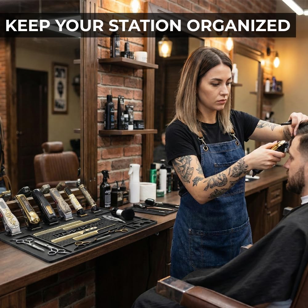 HAPPYPOSH Magnetic Barber Mat for Clippers, 20" x 14" Large Barber Station Organizer with 6 Strong Magnets, Non-Slip Heavy-Duty Rubber Mat, Keeps Tools Secure & Organized.Black