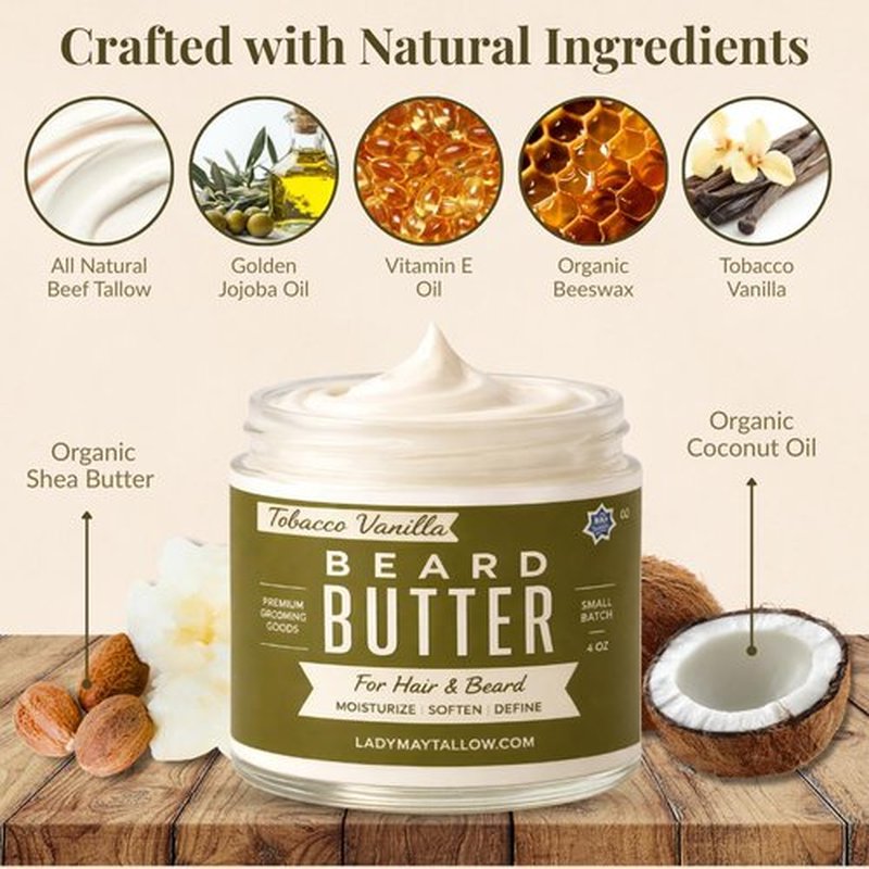 Tallow Man Tobacco Vanilla Beard & Body Butter - Grass-Fed Tallow | 9oz Men's Grooming Essential