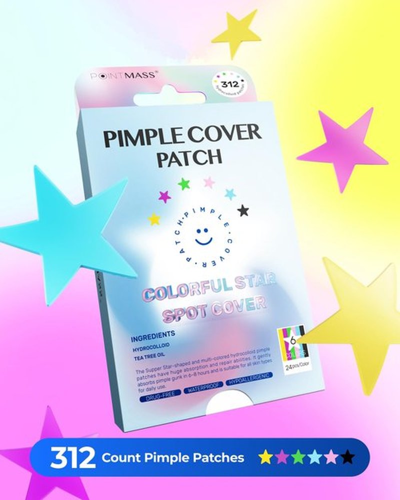 POINTMASS Star Pimple Patches for Face: Cute Acne Dots Hydrocolloid Stickers, Strong Absorption, 6 Colors, 312 Patches, Overnight Care