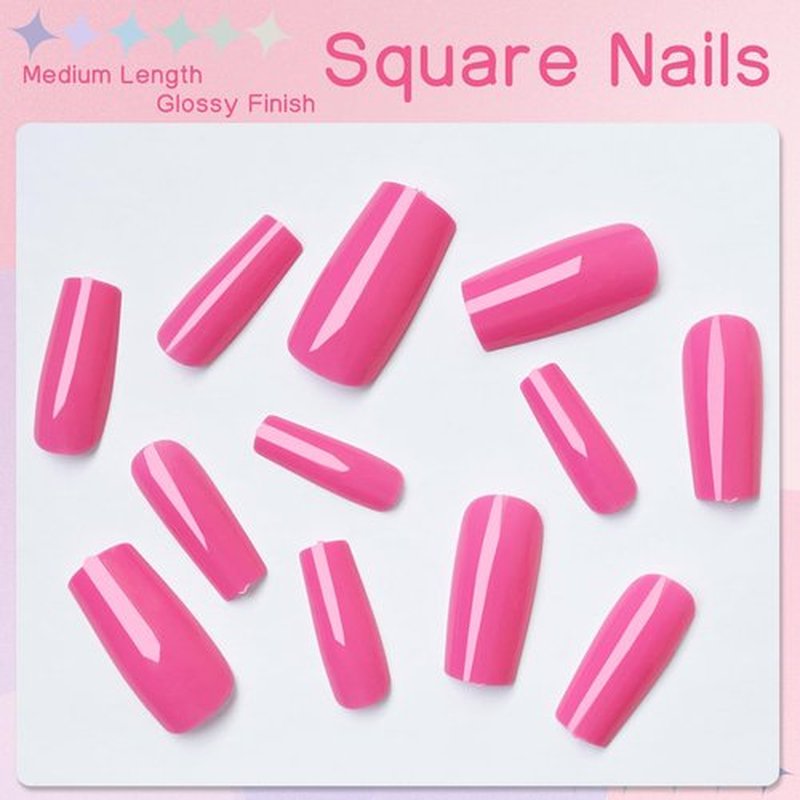LuckForever 240pc Square Press on Nails Long Fake Nails Glue Press on Nails Square Nail Tips Full Cover Hot Pink Acrylic Nails Press ons Nail False Fingernail & Glue Adhesive Tabs for Women Girls