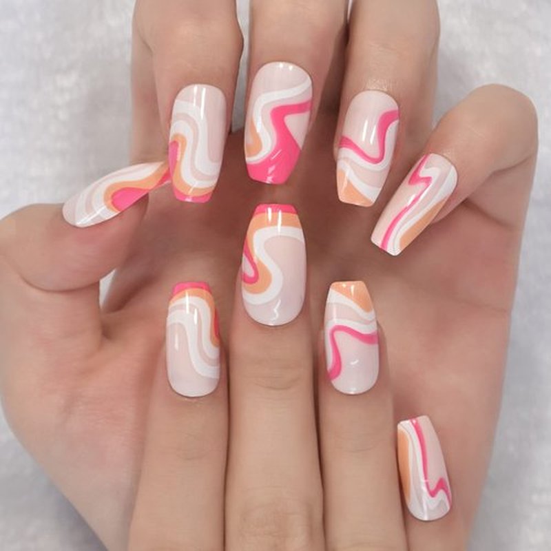 Pink Orange White Swirls, Medium Coffin Fake Nails, Glossy Design Nails Art Acrylic Full Cover Fake Nails, Women Girls Gift False Nails, Nails Stickers, Daily Date Festival Faux Ongles 24 pcs/kit