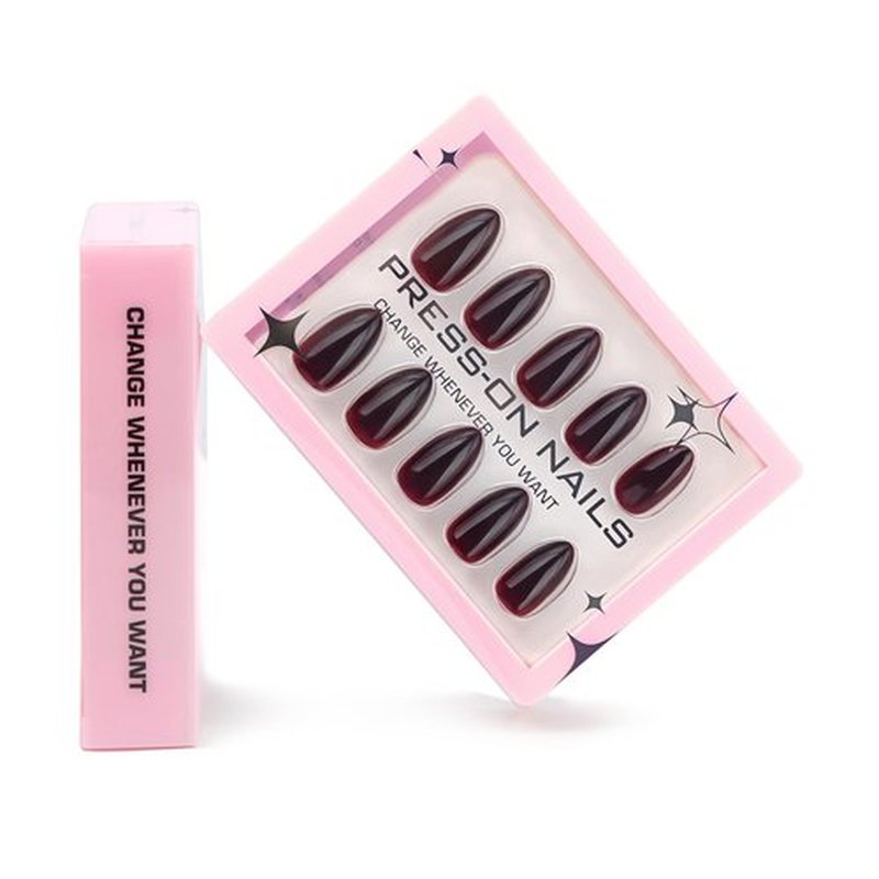 Fomkrio Dark Red Spicy Short Press On Nails Almond Acrylic Solid Y2K Fake Nails for Women Girls Holiday and Daily Minimalism, 15 Sizes - 30Pcs Manicure Nail Kit