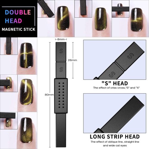 Cat Eye Chrome Nail Powder - 3PC Get Cat Eye Effect and Chameleon Mirror Effect, 9D Galaxy Gem Glitter Metallic Manicure Pigment with Bonus Black UV Gel and Magnetic Stick - Unique DIY Set