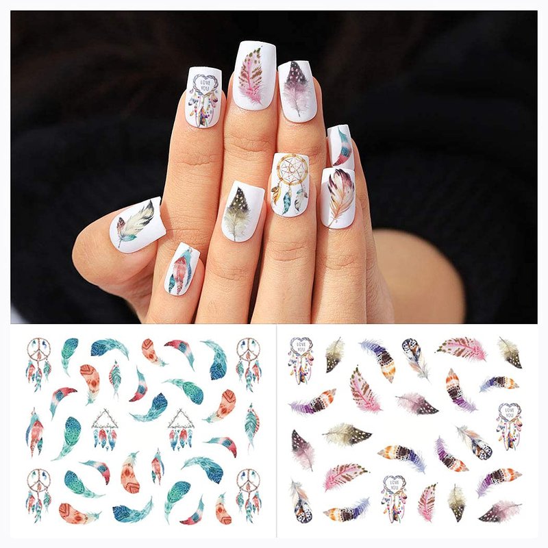 WOKOTO 44 Sheets Feather Nail Art Stickers - 3D Nail Decals with Flowers, Animals - Self-Adhesive Flower Nail Stickers for Women & Girls Acrylic Nails