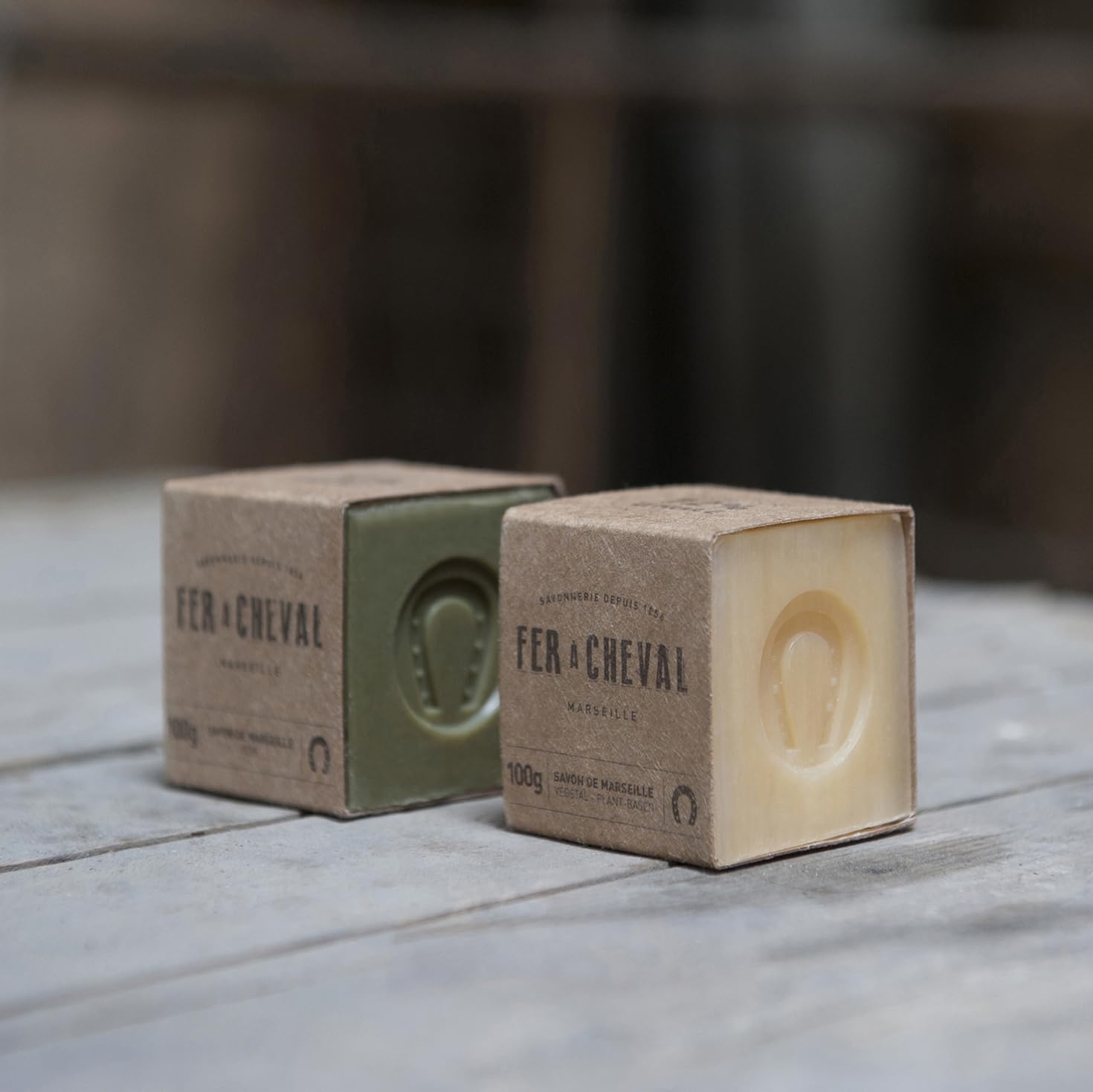 Fer à Cheval Pure Olive Authentic Savon De Marseille Soap Bar - 100% Natural, Hypoallergenic, Pack of 4 - Crafted in Cauldrons with French Olive Oil - Palm Oil Free & Eco-Friendly, 100g/3.53oz