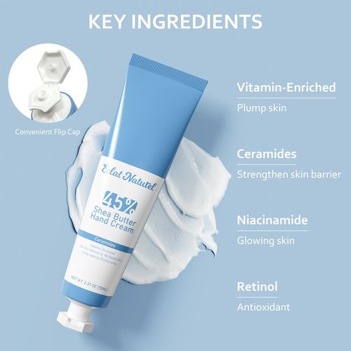 ÉCLAT NATUREL Shea Butter Hand Cream, Made with 45% Shea Butter Moisturizer for Dry Hands, Vitamin E Niacinamide Ceramide Hand Lotion, Radiant Nourish Moisturizing Cream, 2.37 Fl Oz (Pack of 2)