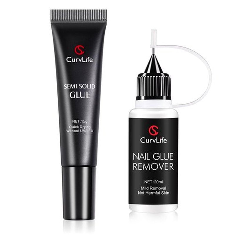 Curvlife 15g Semi-Solid Glue Gel and 20ml Pinpoint Glue Remover Kit for Press on Nails, Quick Dry No UV Lamp Needed with Gentle Non-Acetone Remover For Fake Nail Tips