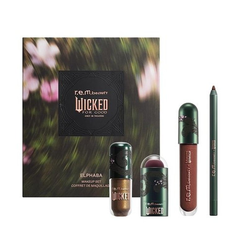 r.e.m. beauty by Ariana Grande Wicked: For Good | Elphaba Makeup Set | Waterpoof Eye Shadow, All Over Glow Stick, Creamy Lip Liner, Glossy Lip Balm | 4 Full Size Products
