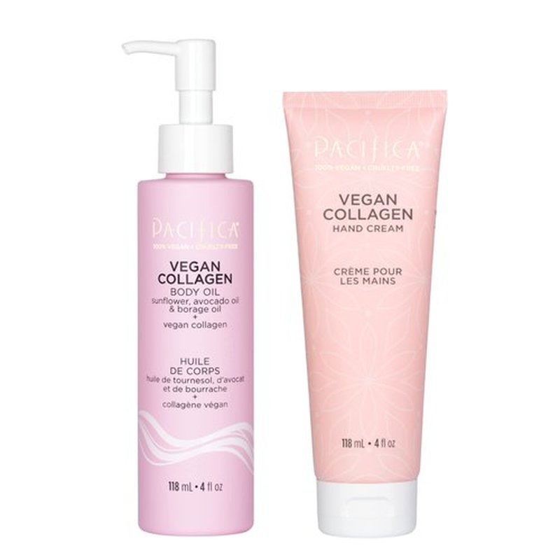 Pacifica Beauty Vegan Collagen Hand Cream and Body Oil with Pump Set, Bath and Body, Shea Butter, Cocoa Butter, Body Massage Oil, For Dry Skin, Skin Care, Body Care, 4 fl oz Each (Set of 2)
