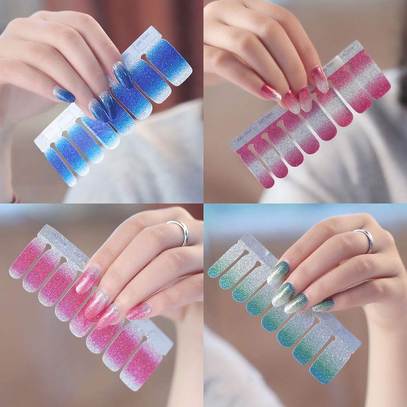 WOKOTO 16 Sheets Gradient Adhesive Nail Polish Decals Strips with 1Pc Nail File Glitter Nail Art Stickers Wraps Manicure Accessories