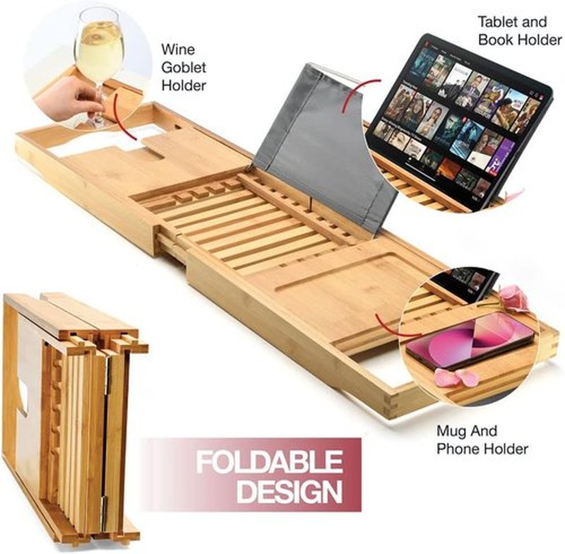 Luxury Foldable Bathtub Tray Caddy - Waterproof Wooden Organizer for Wine, Books & Phones | Expandable Fit