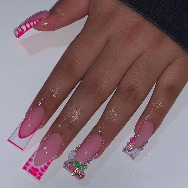 Pink Long French Press on Nails, Acrylic Fake Nails Press ons Artificial Full Cover Coffin Drill False Nails Natural Presson on Nail 24 Pcs Square Stick on Nails for Women