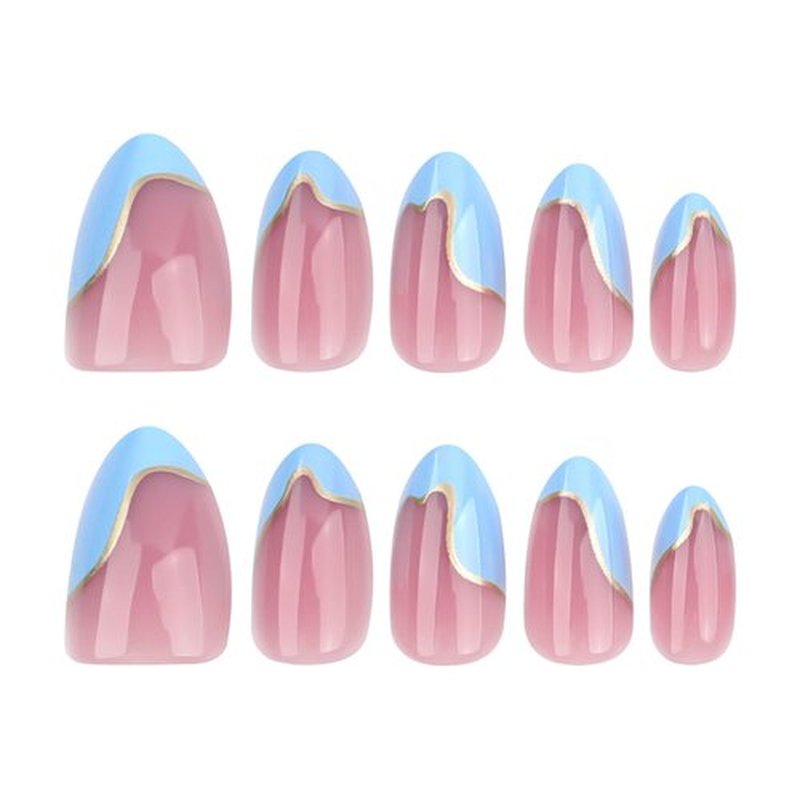 Fomkrio Blue French Tip Short Press On Nails Almond Acrylic Fake Nails with Irregular Metal Gold Line Design, Spring Summer Nails for Women Girls, 15 Sizes - 30Pcs Manicure Nail Kit