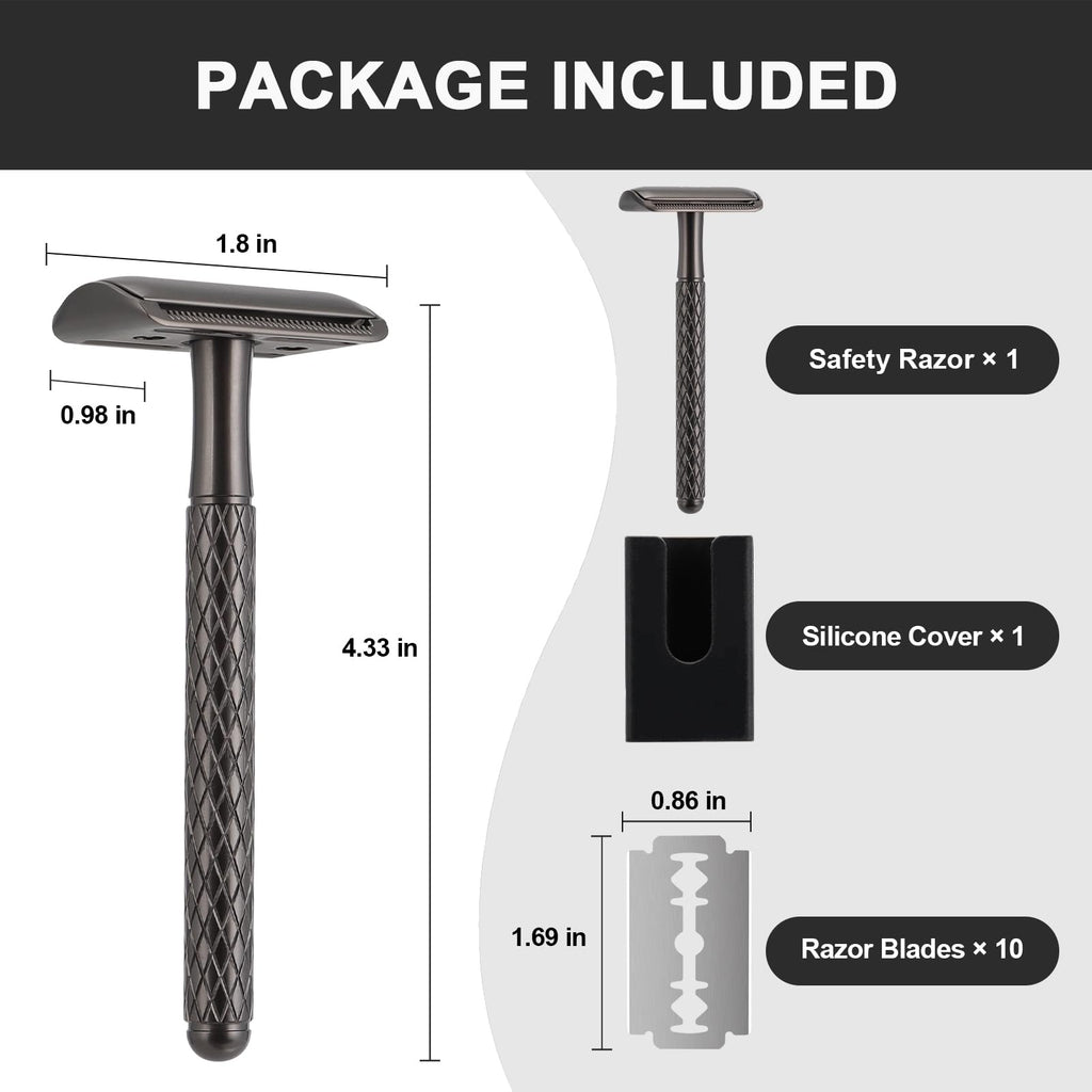 The Grooming Society Single Blade Safety Razor for Men with Silicone Cover & 10 Blades Double Edge Safety Razor for Travel Metal Eco-Friendly Reusable Razor for Shaving (Matte Black)