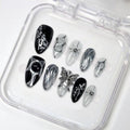 Black Press on Nails Medium Almond Fake Nails with 3D Metal Butterfly Irregular Silver Design Handmade False Nails Sequin Full Cover Artificial Nails Stick on Nail for Women DIY Tips (M)