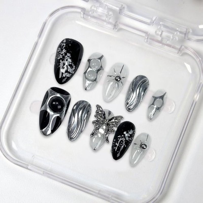 Black Press on Nails Medium Almond Fake Nails with 3D Metal Butterfly Irregular Silver Design Handmade False Nails Sequin Full Cover Artificial Nails Stick on Nail for Women DIY Tips (M)