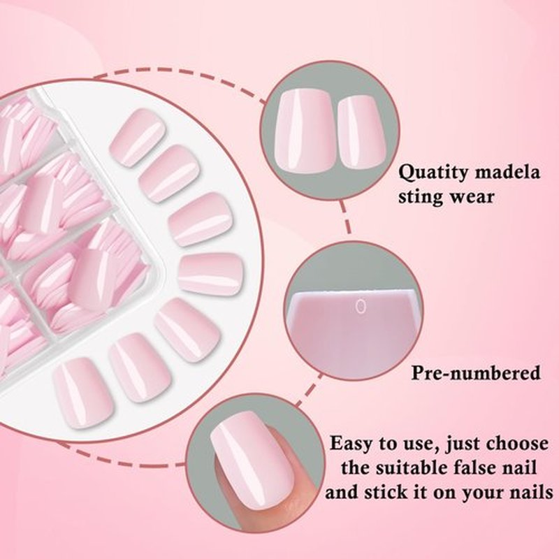 LoveOurHome 288pc Coffin Press on Nails Short Fake Nails with Glue Tabs, Light Pink Glue on Nails Press on Nails Women Acrylic Nails XS Coffin Fake Nails Short False Nails Kids Artificial Fingernail