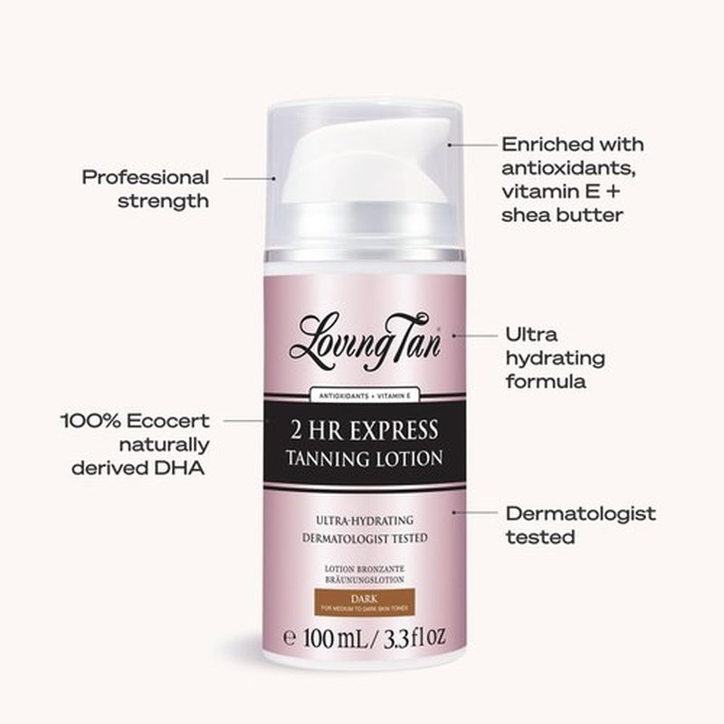 Loving Tan NEW 2 Hr Express Self Tanning Body Lotion, Dark - Hydrating Natural-Looking Glow Sunless Self Tanner, Streak-Free, Dermatologist Tested, Lightweight, Vegan and Cruelty-Free - 3.3 fl oz