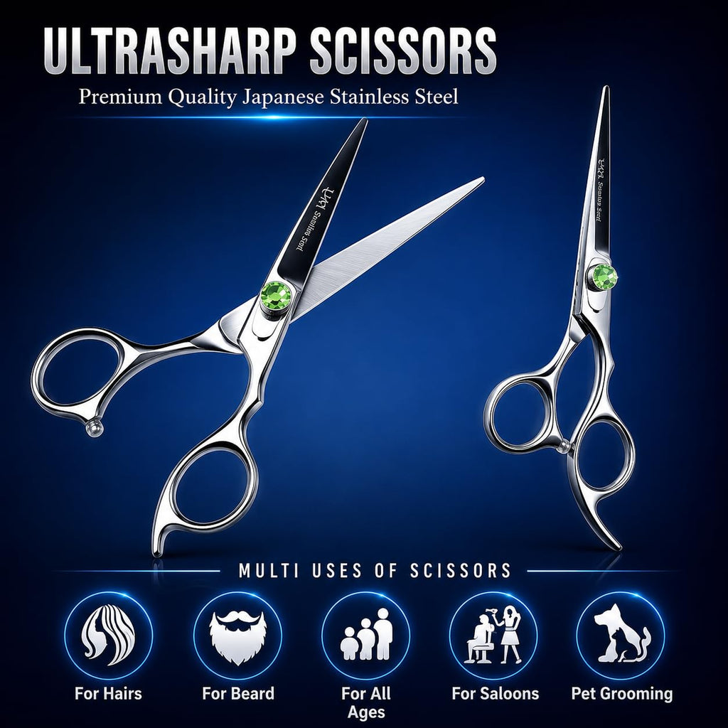 UM Supplies Scissors 6.5 | Premium Barber Shears For Hair Cutting | Multiple Purpose Cutting Scissors | Haircut Scissors For Salon I Women | Mens | kids I Pets | Silver-Green