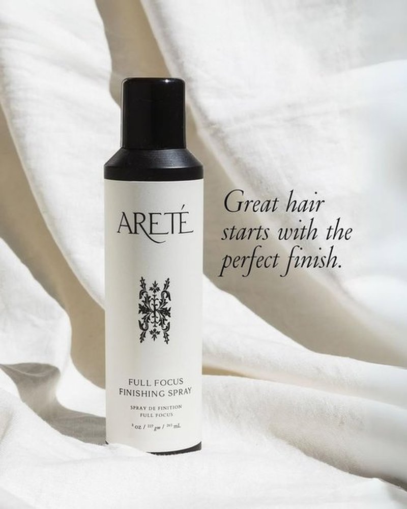 ARETÉ Full Focus Finishing Hair Spray, Strong, Buildable Hold, Shiny Finish, Anti Frizz Hairspray for Women Fine Hair with Edelweiss, Wild Carrot, Star Anise, Peruvian Ginseng, Made in USA, 8oz