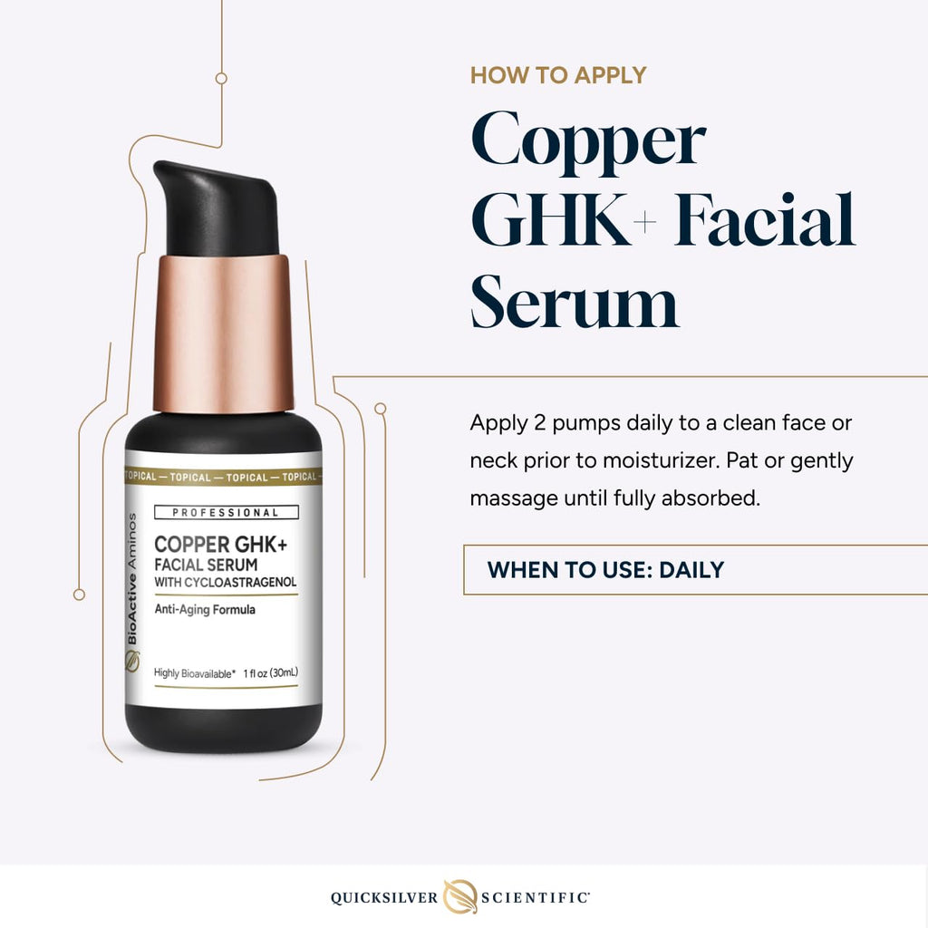 Quicksilver Scientific Copper GHK+ Facial Serum with Cycloastragenol - Copper Peptide Serum for Healthy Skin Support - Smooth Complexion & Glow - Gluten-Free, Vegan & Non-GMO - 1 fl oz