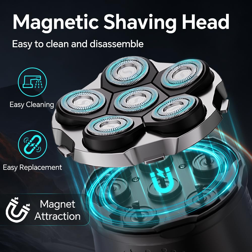 Mens Electric Bald Head Razor,Head Shaver for Bald Men Grooming Kit Wet-Dry Rotary Shavers Nose Hair Beard Trimmer Clippers Facial Cleansing Brush Cordless Waterproof USB Charging Rechargeable