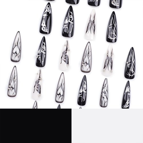 Tyuimhx Black Press on Nails Long Almond Fake Nails With Butterfly Heart Designs Pearls False Nails Full Cover Stick on Nails Acrylic Artificial Nails for Women Glue on Nails 24Pcs