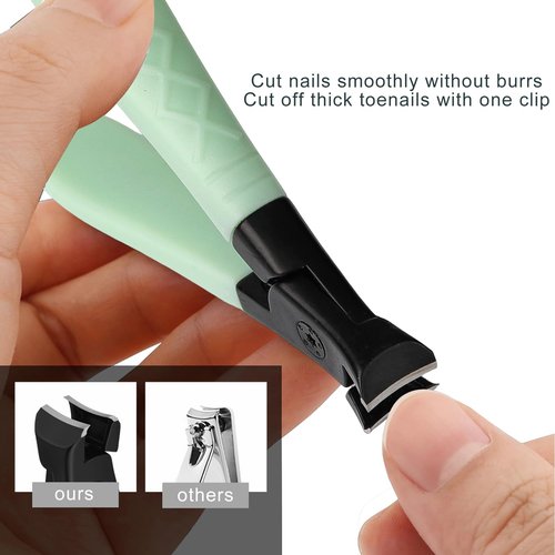 Glamne Nail Clippers for Thick Nails with Catcher, Wide Jaw Fingernail and Toenail Cutter for Seniors with Crystal Nail File Cuticle Fork and Storage Case (Mint Green)