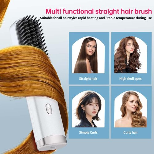 Cordless Hair Straightener Brush Portable on The go Comb for Travel USB chargingTwo Power sources30s Fast HeatingLCD Large Screen Display (White) 101010