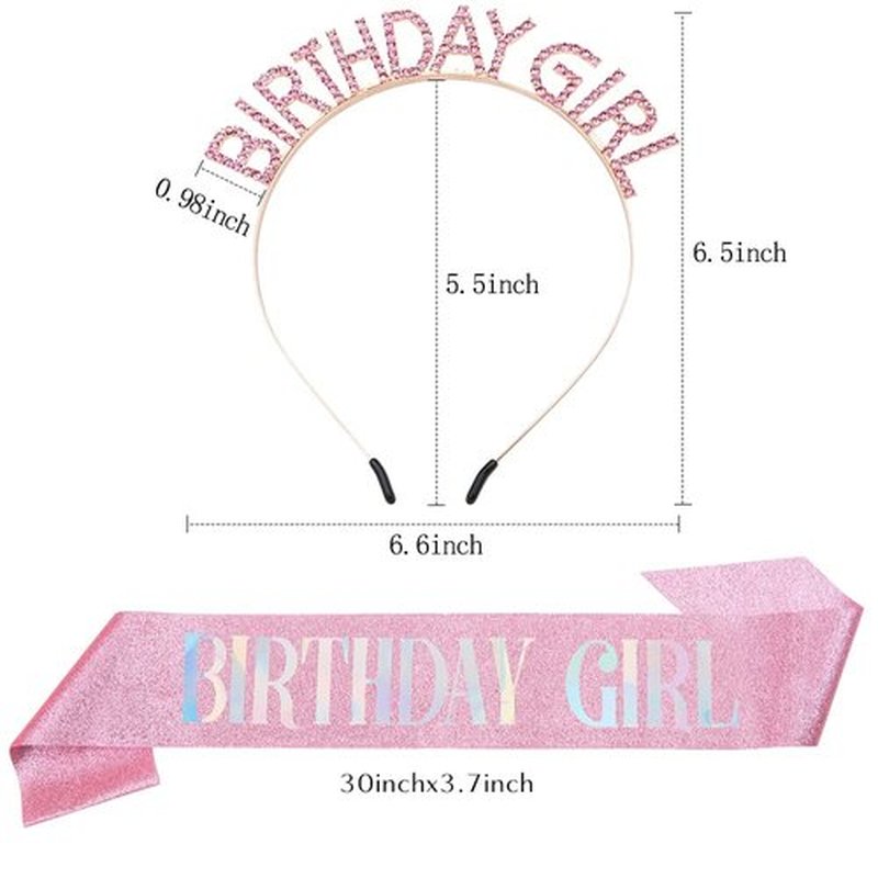 2Pcs Birthday Sash,Birthday Sash for Women Pink Birthday Girl Sash Glitter Birthday Sash and Tiara for Women Birthday Crowns for Women Happy Birthday Decorations Accessories Birthday Girl Headband