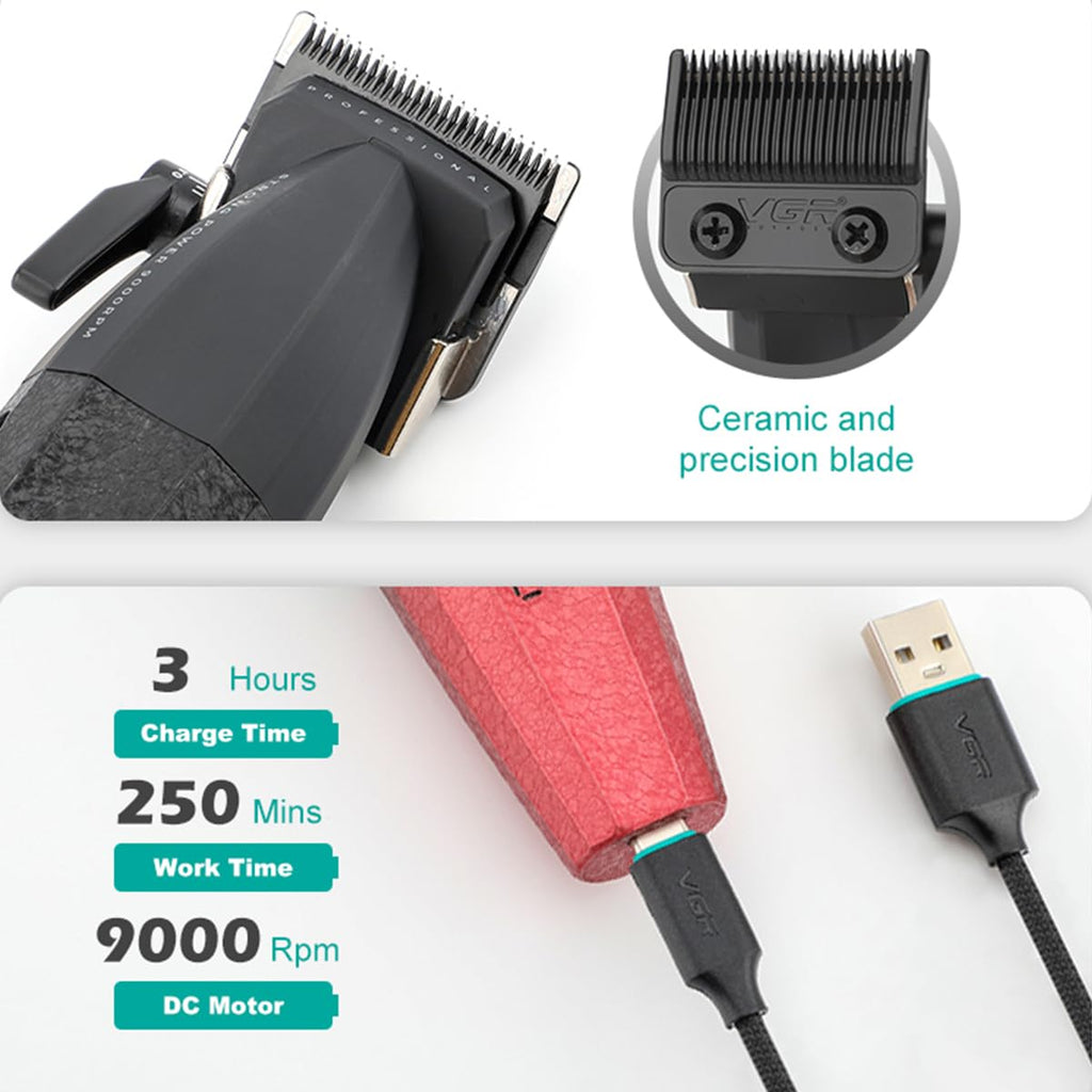 VGR 640 Professional Hair Clippers for Men, 9000RPM Cordless Barber Clippers and Trimmers Set, Zero Gap T-Blade Hair Cutting Kit, DLC Coated Ceramic Blade Barber Kit with LED Display(Red)