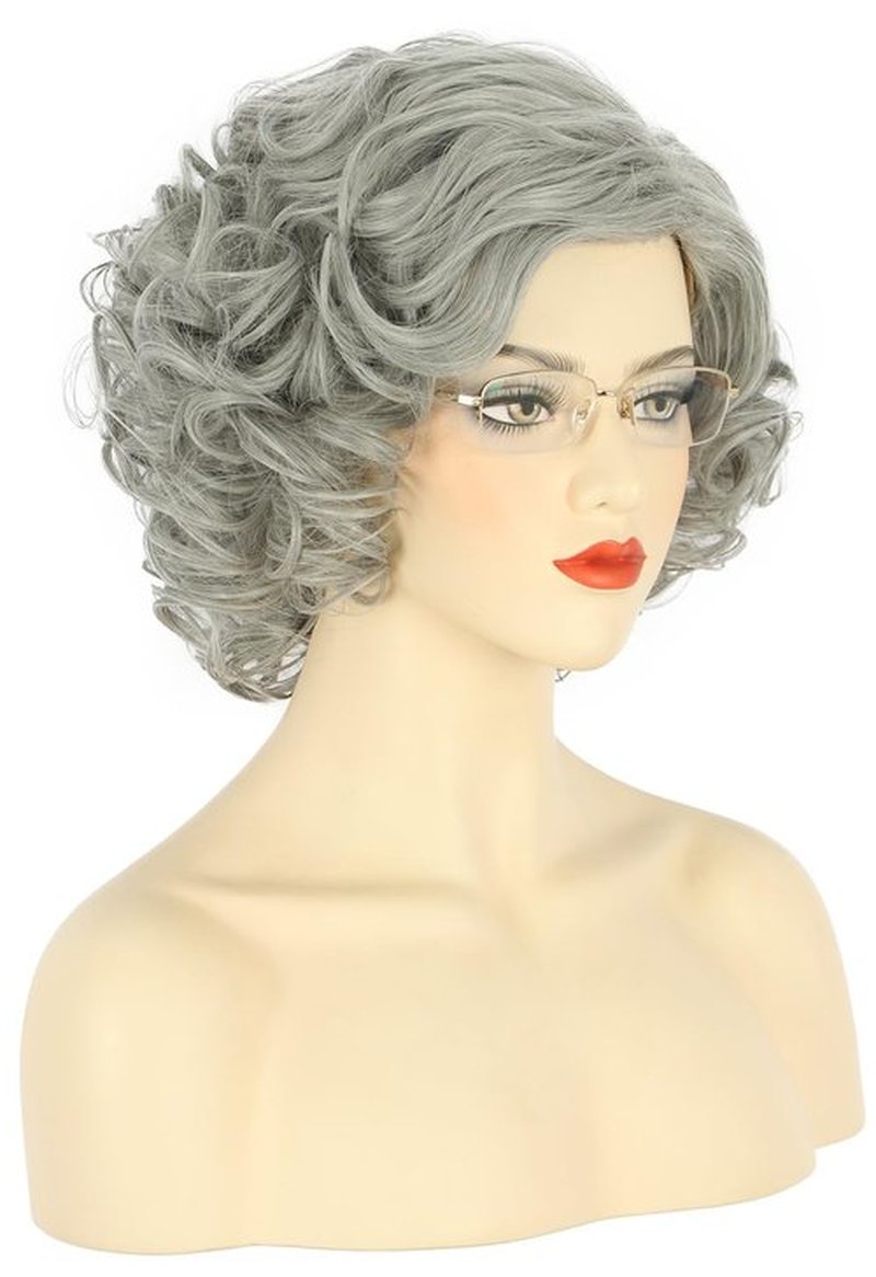 karlery Old Lady Short Bob Curly Grey Wig Natural Looking Daily Halloween Cosplay Party Wig