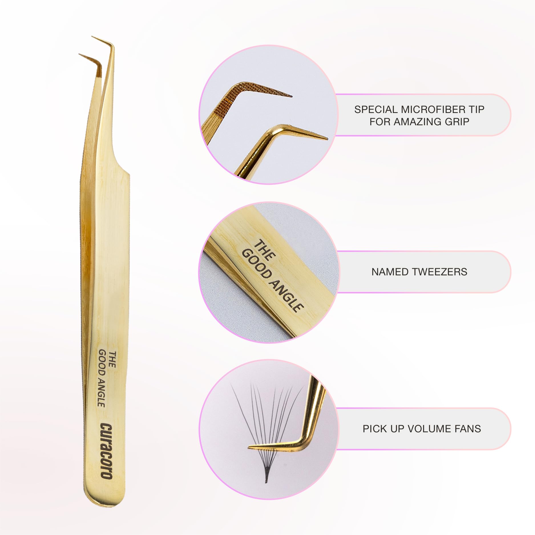 Curacoro Lash Tweezers, Fiber Tip Grip (Gold, The Good Angle)