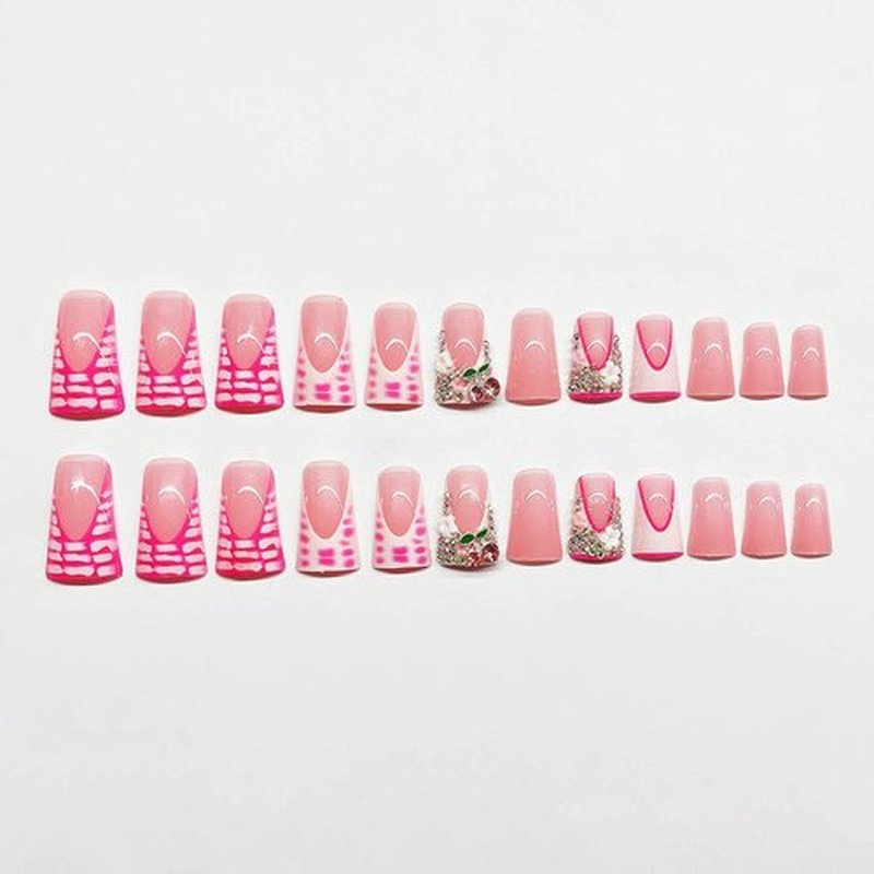 Pink Long French Press on Nails, Acrylic Fake Nails Press ons Artificial Full Cover Coffin Drill False Nails Natural Presson on Nail 24 Pcs Square Stick on Nails for Women