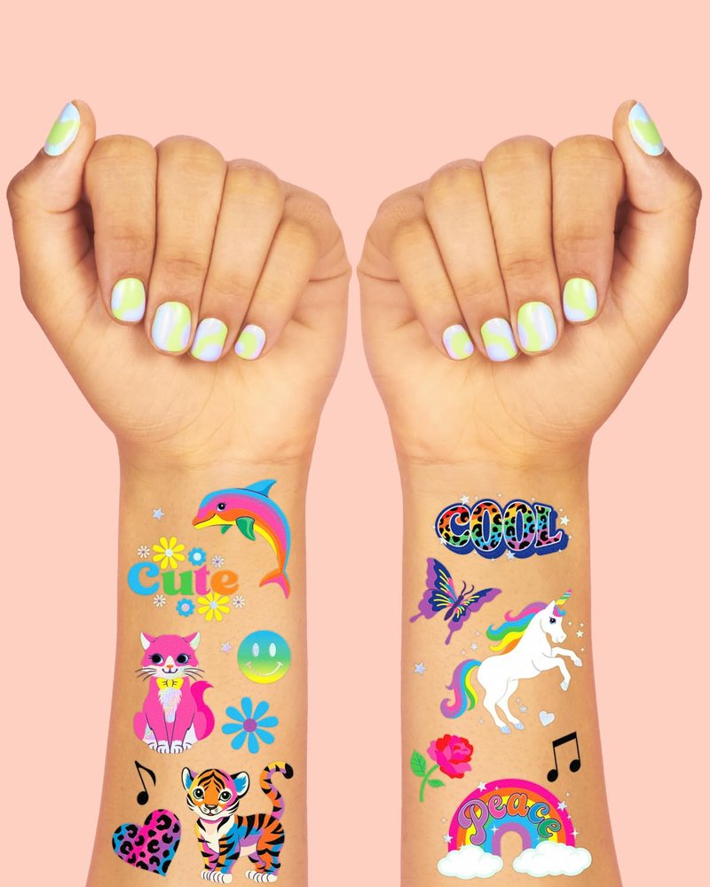 xo, Fetti Cute Neon Rainbow Animal Temporary Tattoos - 68 Iridescent Foil Pcs | Nostalgia Bright Birthday Accessory, Childhood Bachelorette Party Favor, Cute Kids Activity