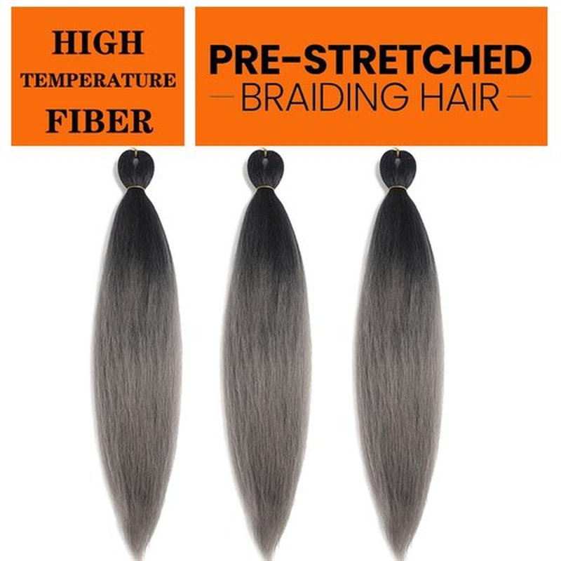 Pre Stretched Braiding Hair 26 Inch Ombre Grey Braiding Hair Extensions Hot Water Setting Crochet Box Braids Hair (26 Inch (Pack of 3), Black-Dark Grey)