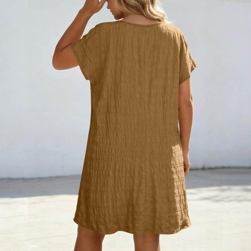 Skiennix Women’s Plus Size Casual V-Neck Short Sleeve Dress - Loose Fashion for Beach Vacations
