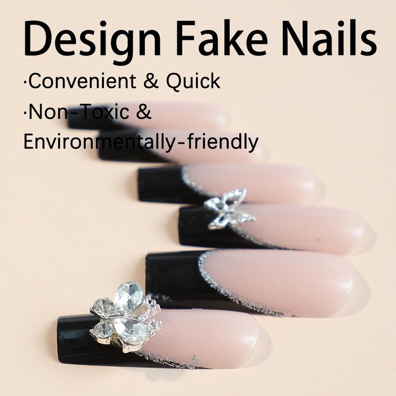ZMRZ Press On Nails, Medium-Length Shiny Black False Nails Inlaid with Silver Butterflies and Rhinestones, Showing the Noble Temperament of Women and Girls False Nails - 24 Pieces (With Free Kit)