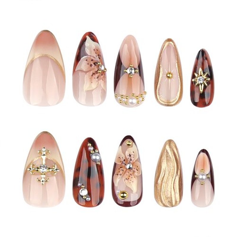 JONKASIPA 3D Handmade Pressed Nails Brown Almond False Nails with Dimensional Gold Lines and Floral Patterns French Gloss Reusable Adhesive Nails for Women's Manicure Sets 24Pcs